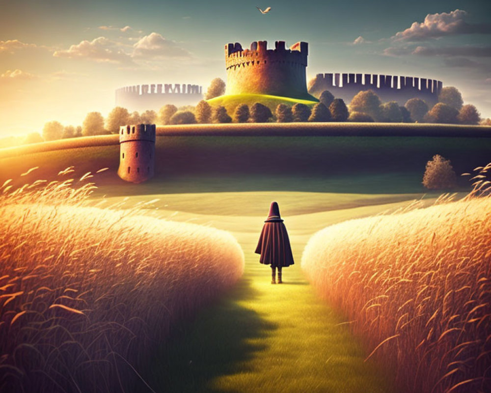 Person in red cloak approaching castle on grassy hill at sunset