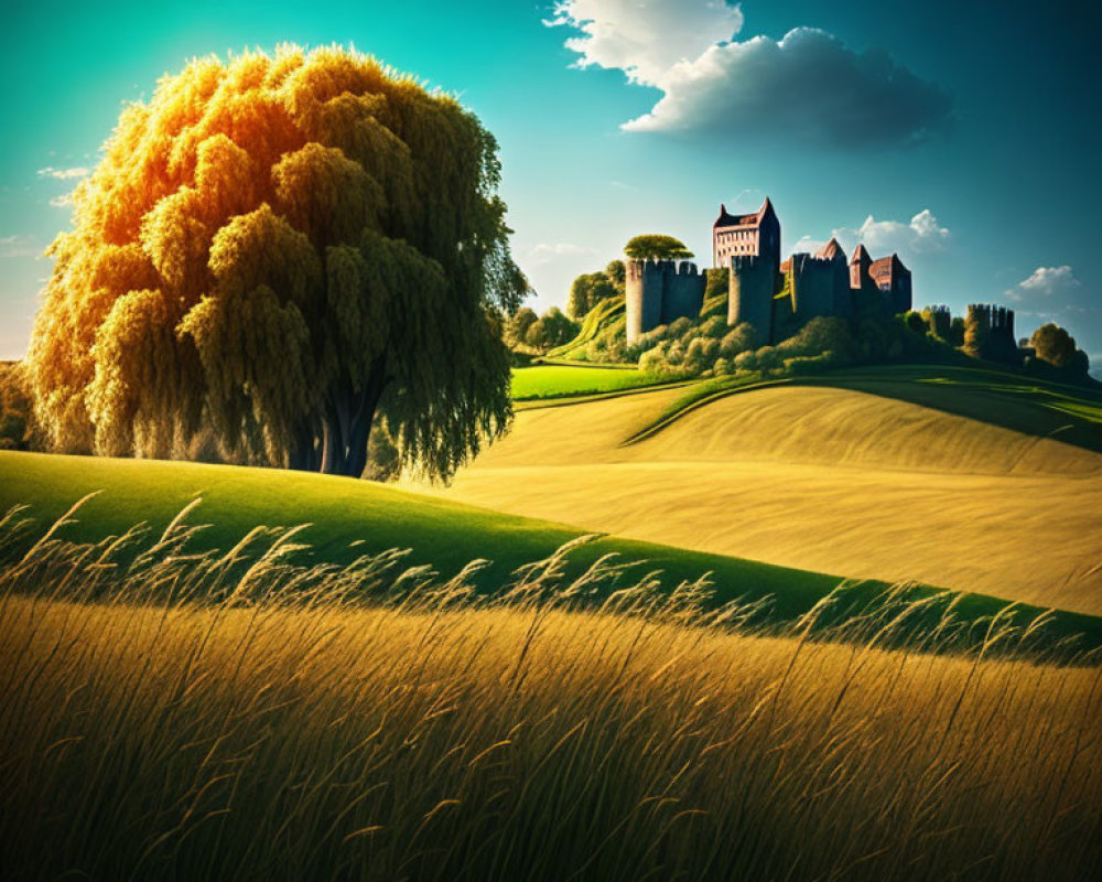 Rolling green hills with tree and castle under blue sky