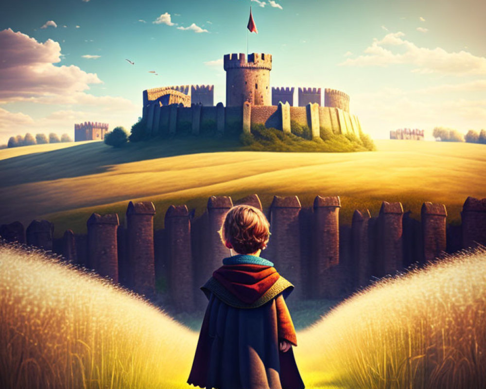 Child in cape gazes at distant castle in field under golden sky