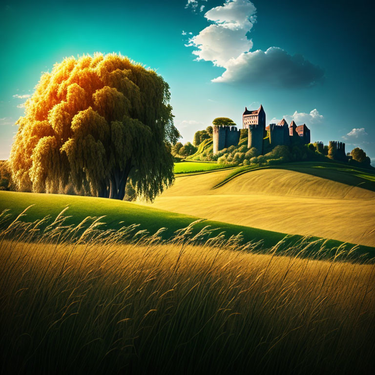 Rolling green hills with tree and castle under blue sky