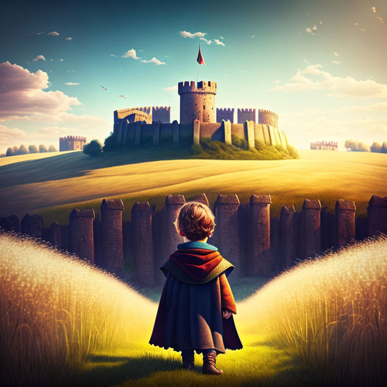 Child in cape gazes at distant castle in field under golden sky