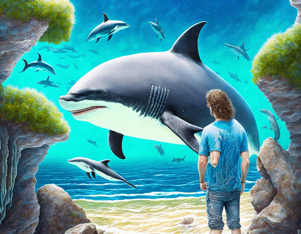 Person observing oversized shark among smaller sea creatures in underwater scene