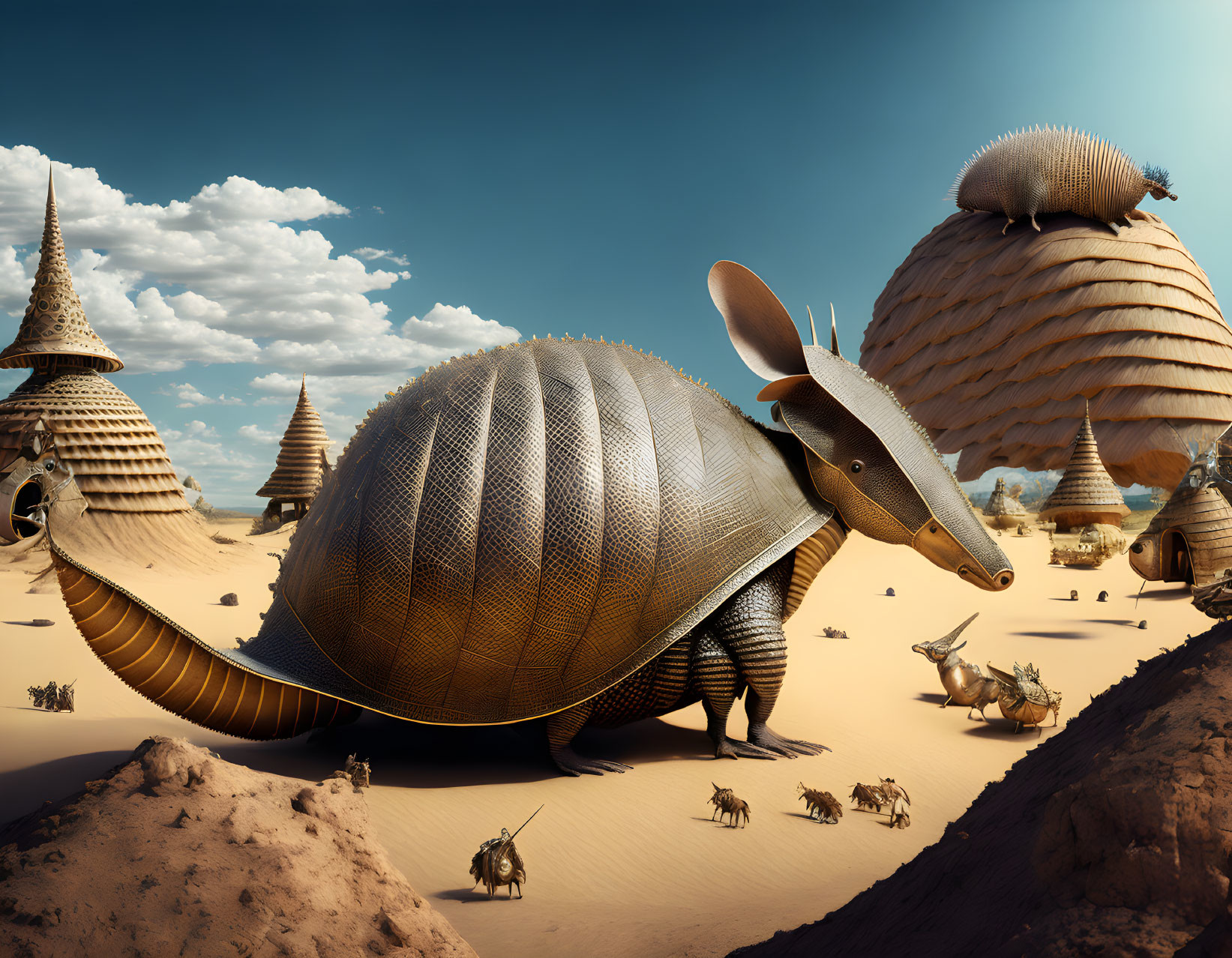 Surreal desert landscape with giant armadillos, sand dunes, and conical structures