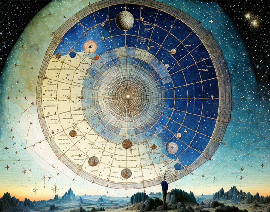 Person gazes at cosmic map with solar system, constellations, and celestial spheres under starry