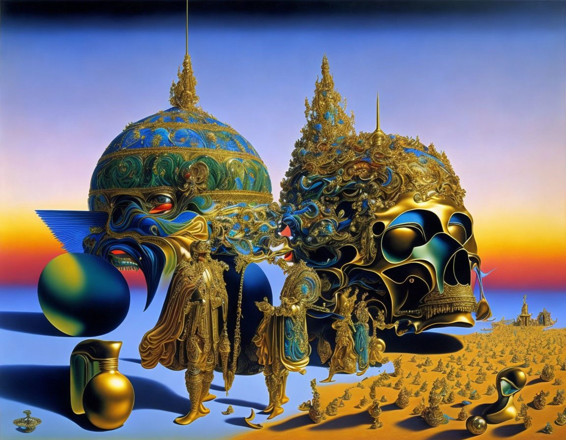 Surreal landscape with ornate masks and Thai art figures in desert setting