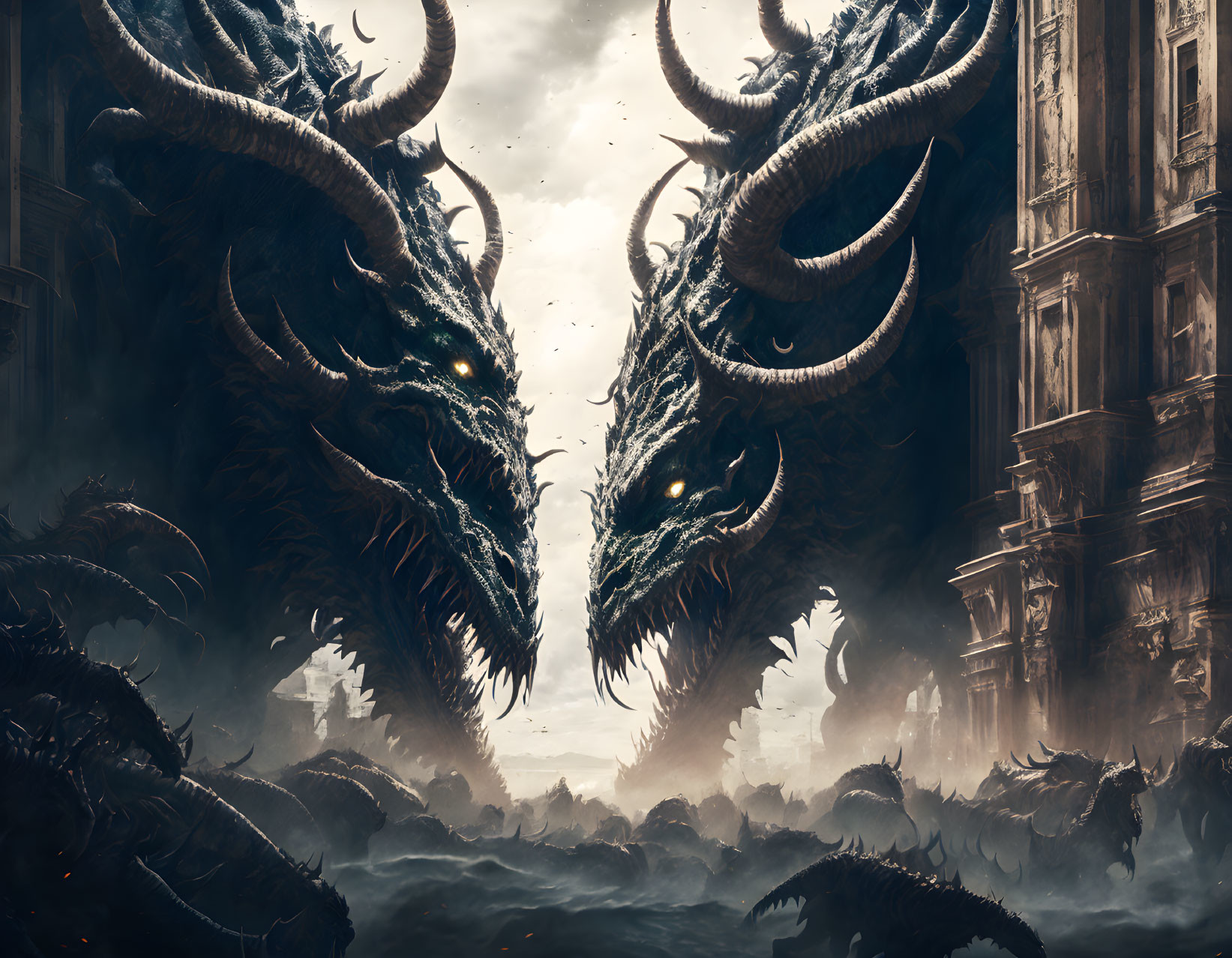 Gigantic dragons confront in ruined city with dark clouds.