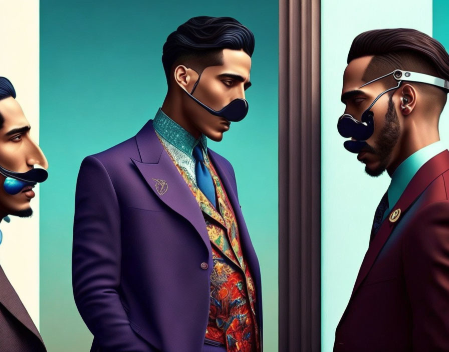 Stylized men in sharp suits with futuristic masks against teal and peach backdrops