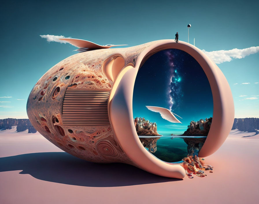 Surreal landscape with futuristic egg structure, planetary surfaces, bird wings, and starry portal