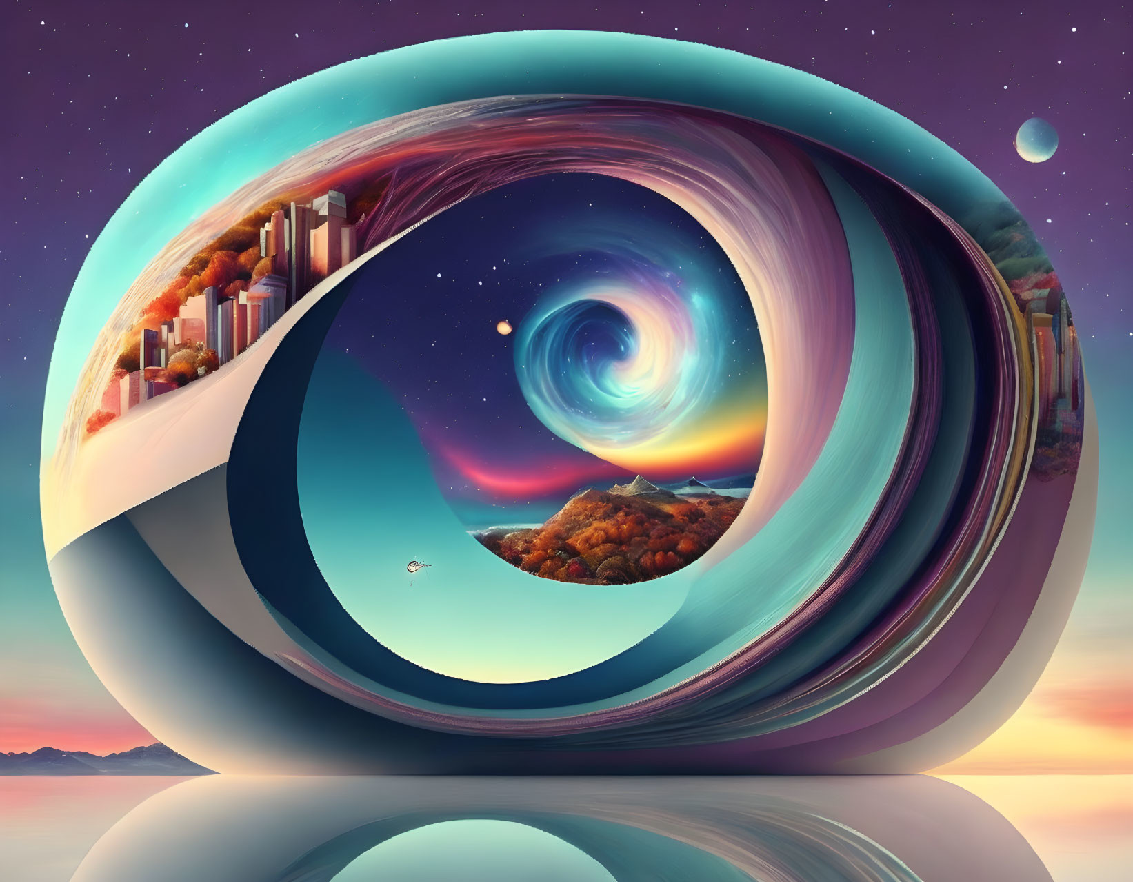 Colorful Swirling Portal Blending Cityscape and Celestial Elements