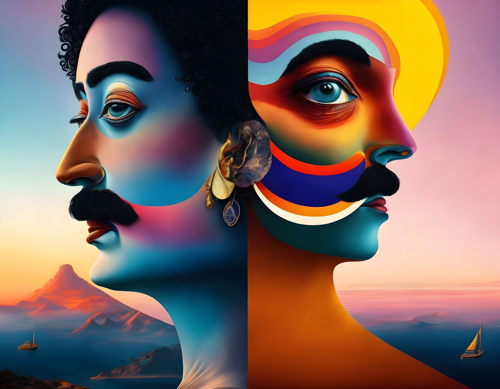 Colorful split-face illustration blending classical and modern art styles against serene seascape.