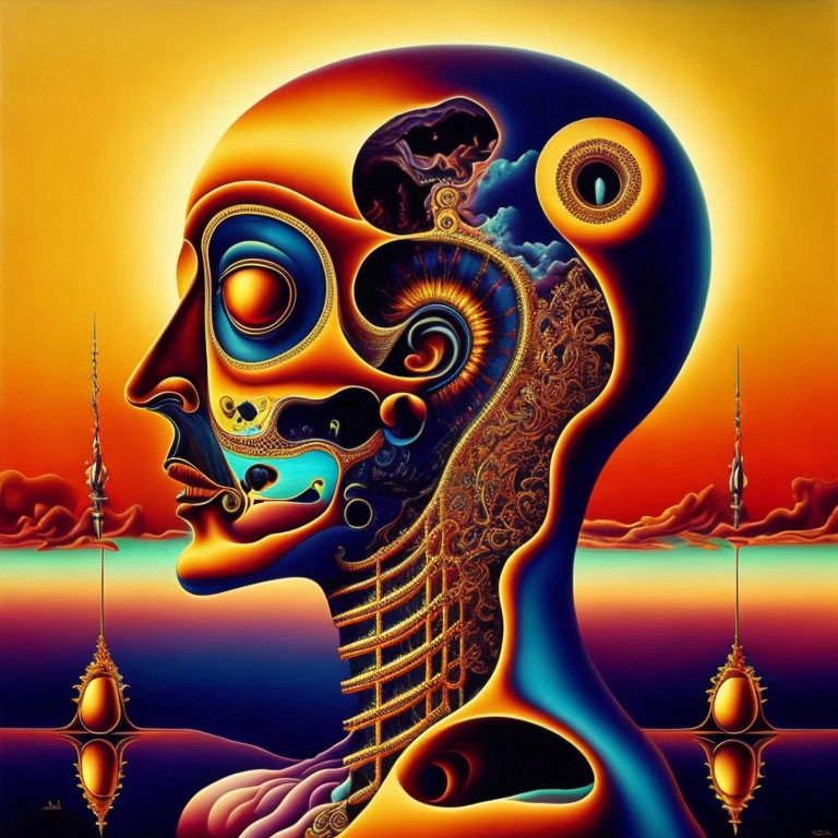 Colorful Surrealist Human Profile Artwork with Mechanical, Cosmic, and Architectural Elements