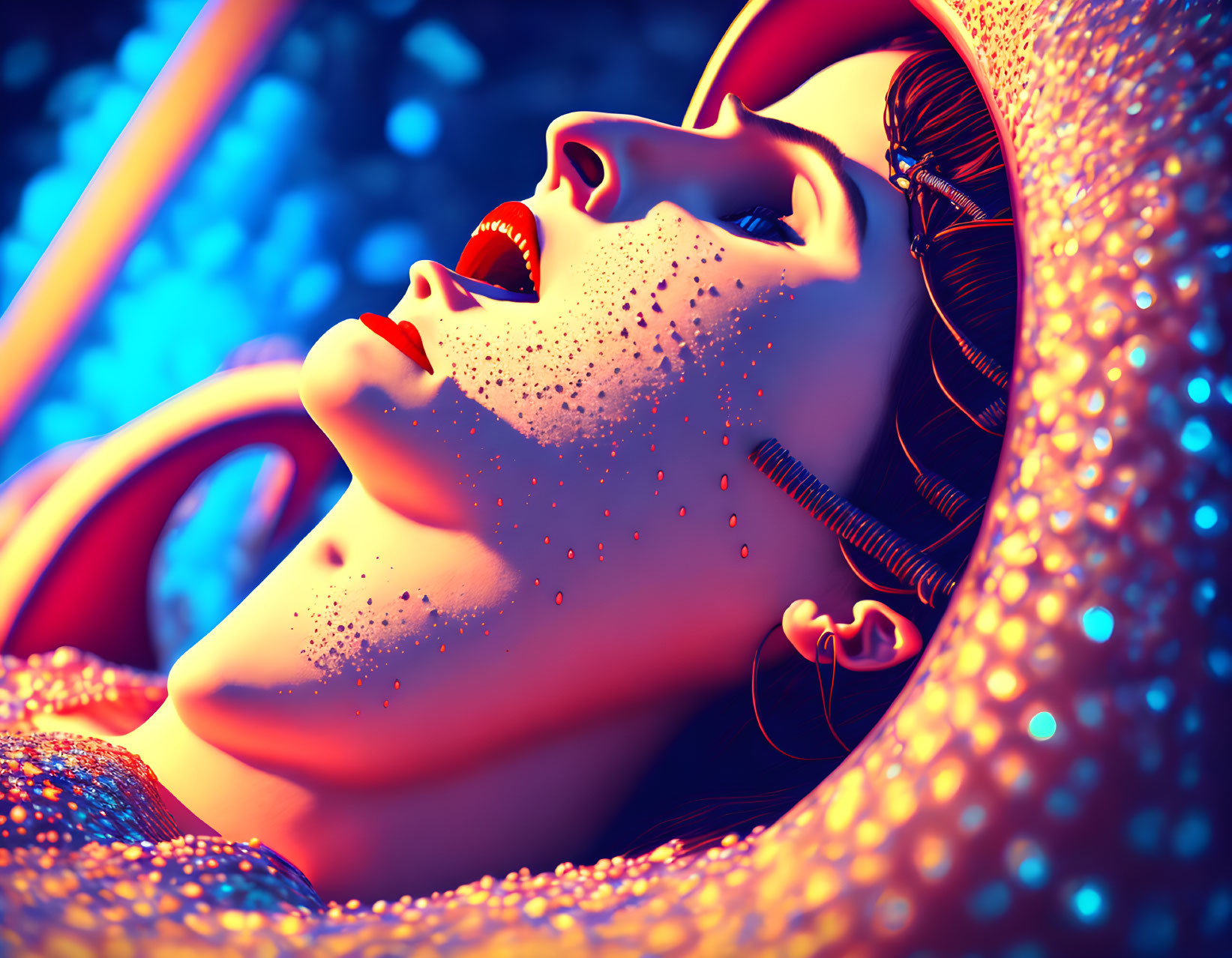 Colorful digital artwork of woman reclining with glittery skin, red lipstick, blue background, and