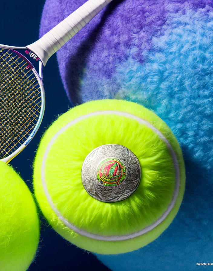 Green fuzzy tennis ball, silver coin, tennis racket on plush blue surface