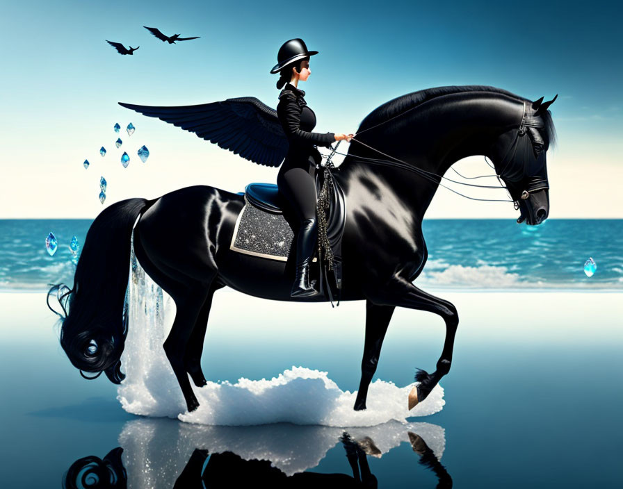 Formal equestrian rider on black horse by the sea with crystal elements and birds.