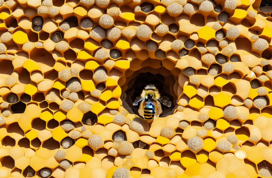 Bee with Pollen on Legs Emerges from Hexagon Honeycomb Cell