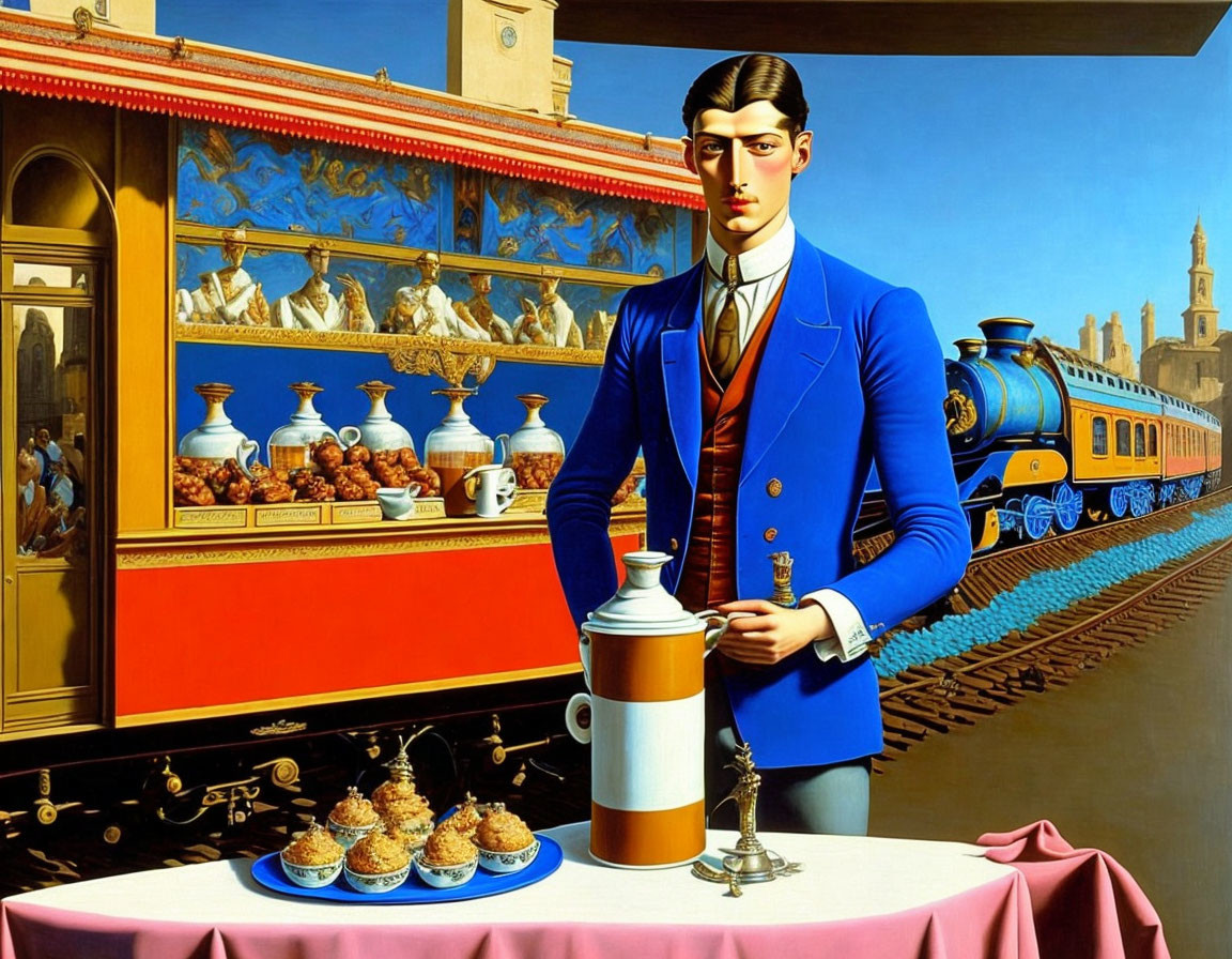 Stylized painting of man in blue suit with tea service, vintage train, ornate buildings