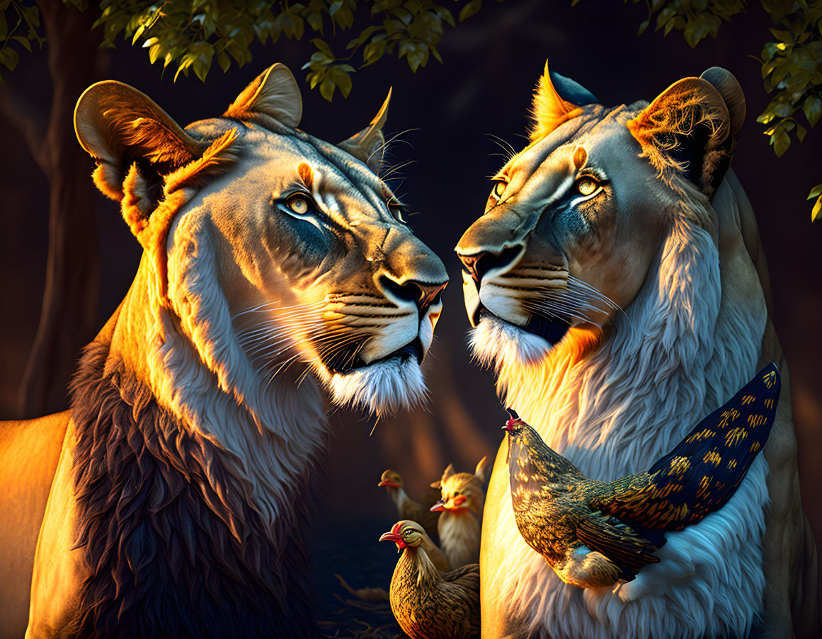 Lions with human-like features in clothes surrounded by chickens on dark leafy backdrop