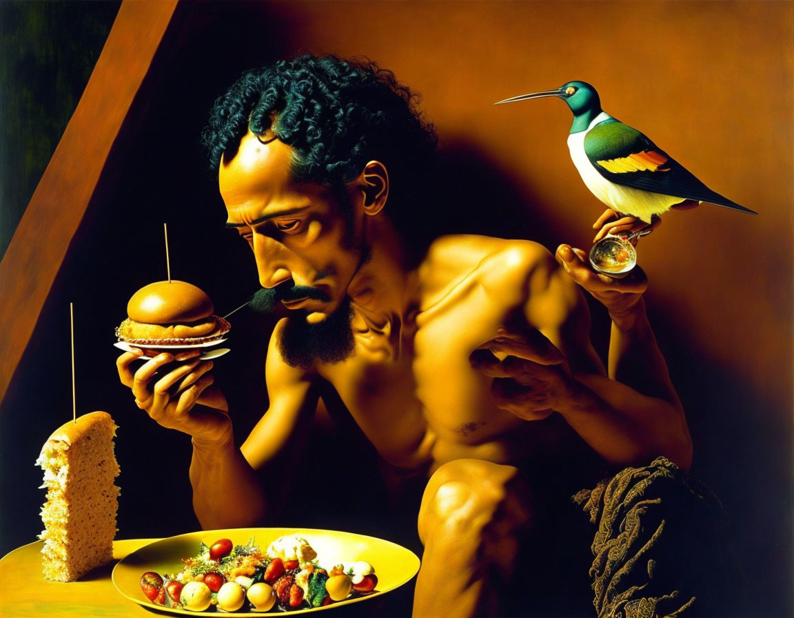 Pensive man with beard contemplates hamburger among various foods and bird.