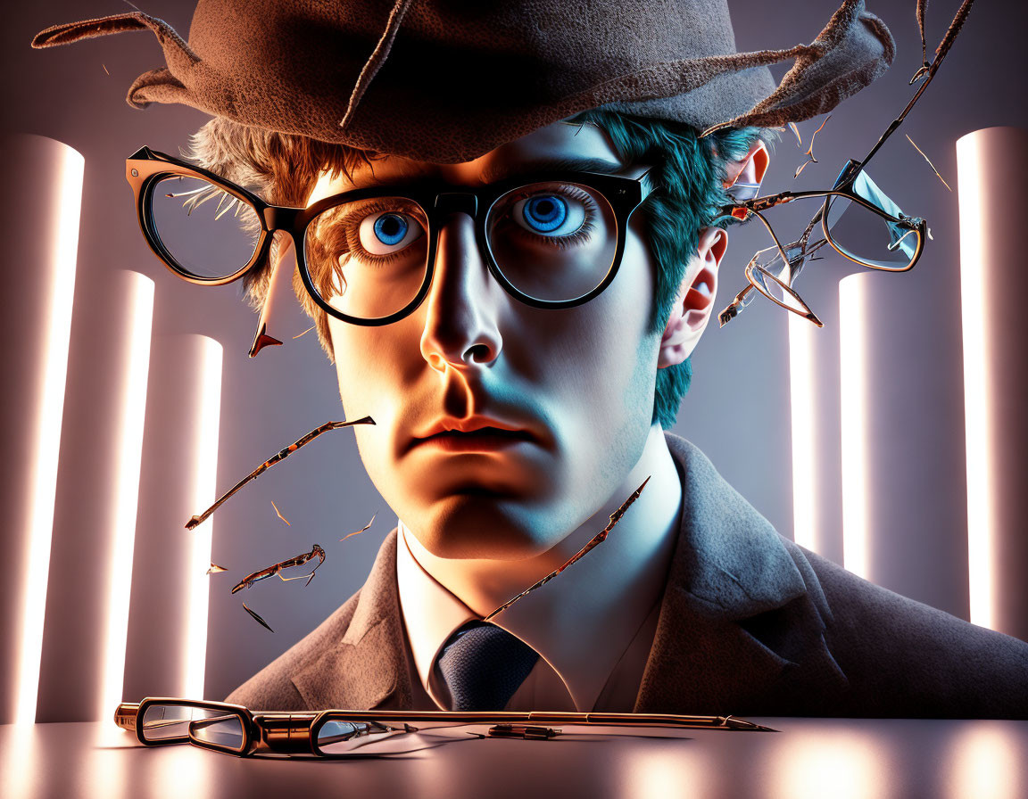 Cartoon man with broken glasses in suit and hat under neon lights