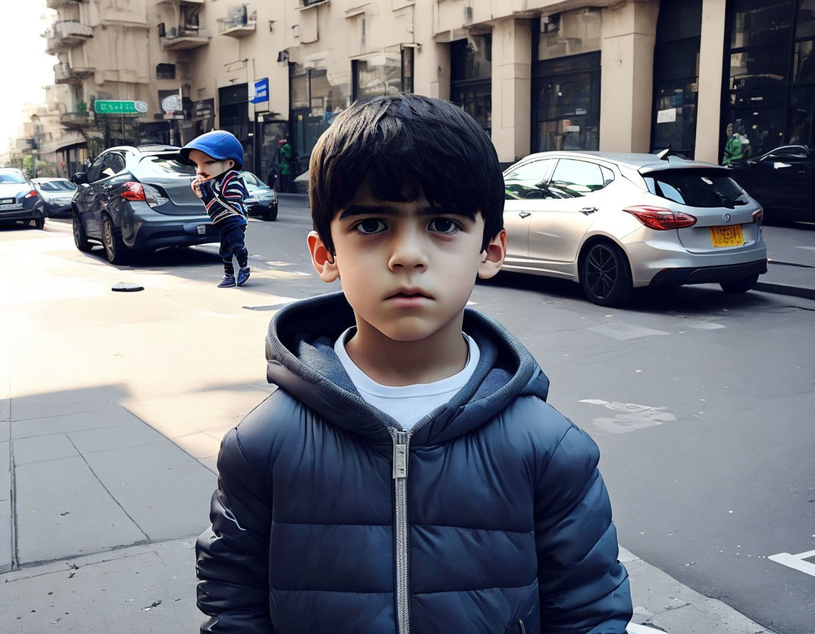 Dark-Haired Boy in Gray Jacket on City Street with Cars and Another Child