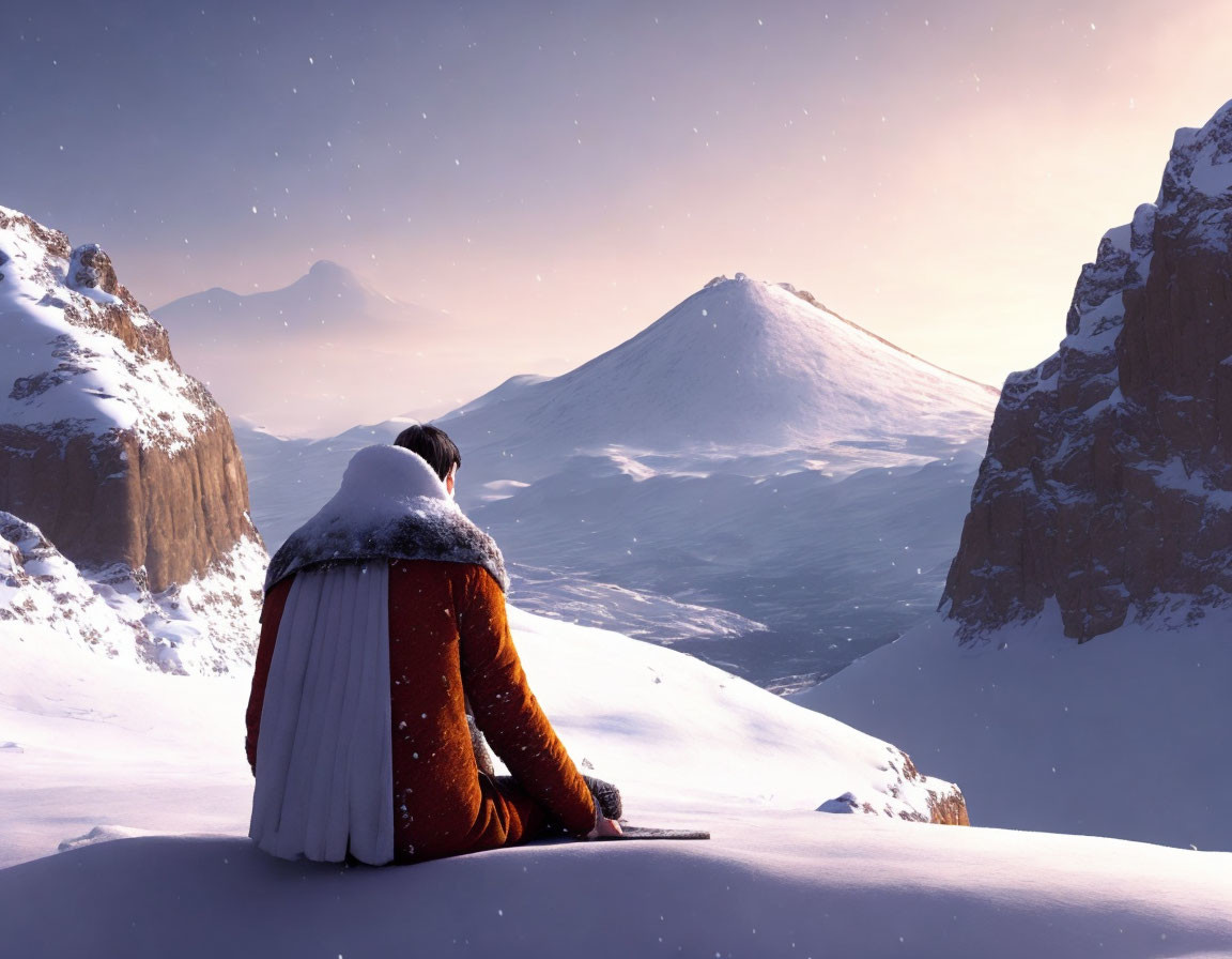 Person in Cloak Contemplating Snowy Mountain Landscape at Twilight