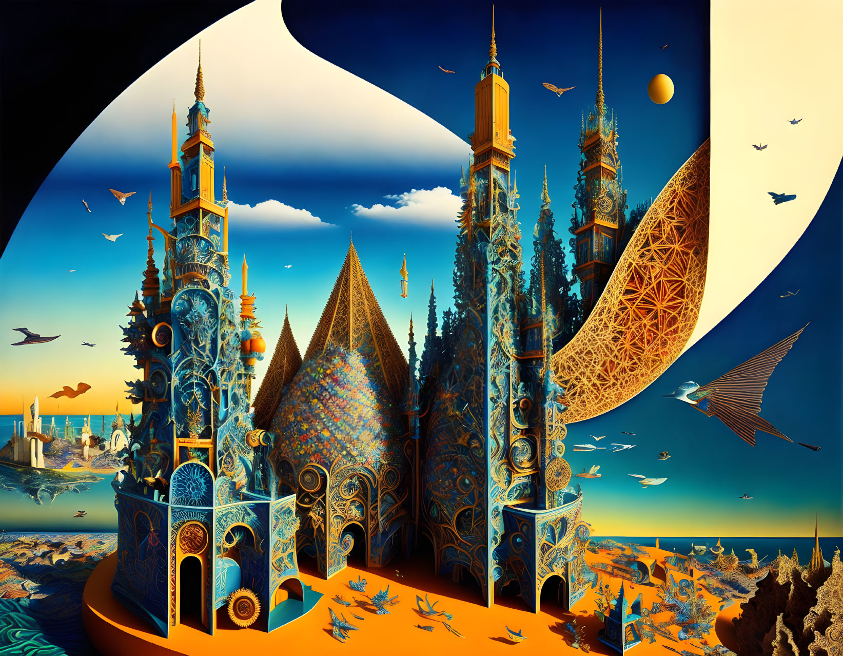 Surreal landscape with ornate towers, crescent moon, birds, and gradient sky