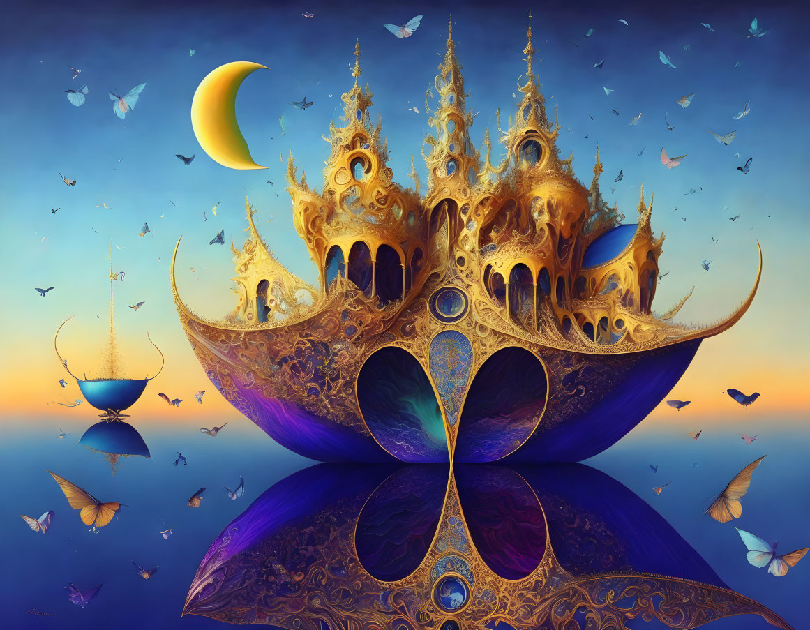 Golden palace floating above reflective surface with butterflies and crescent moon in twilight sky