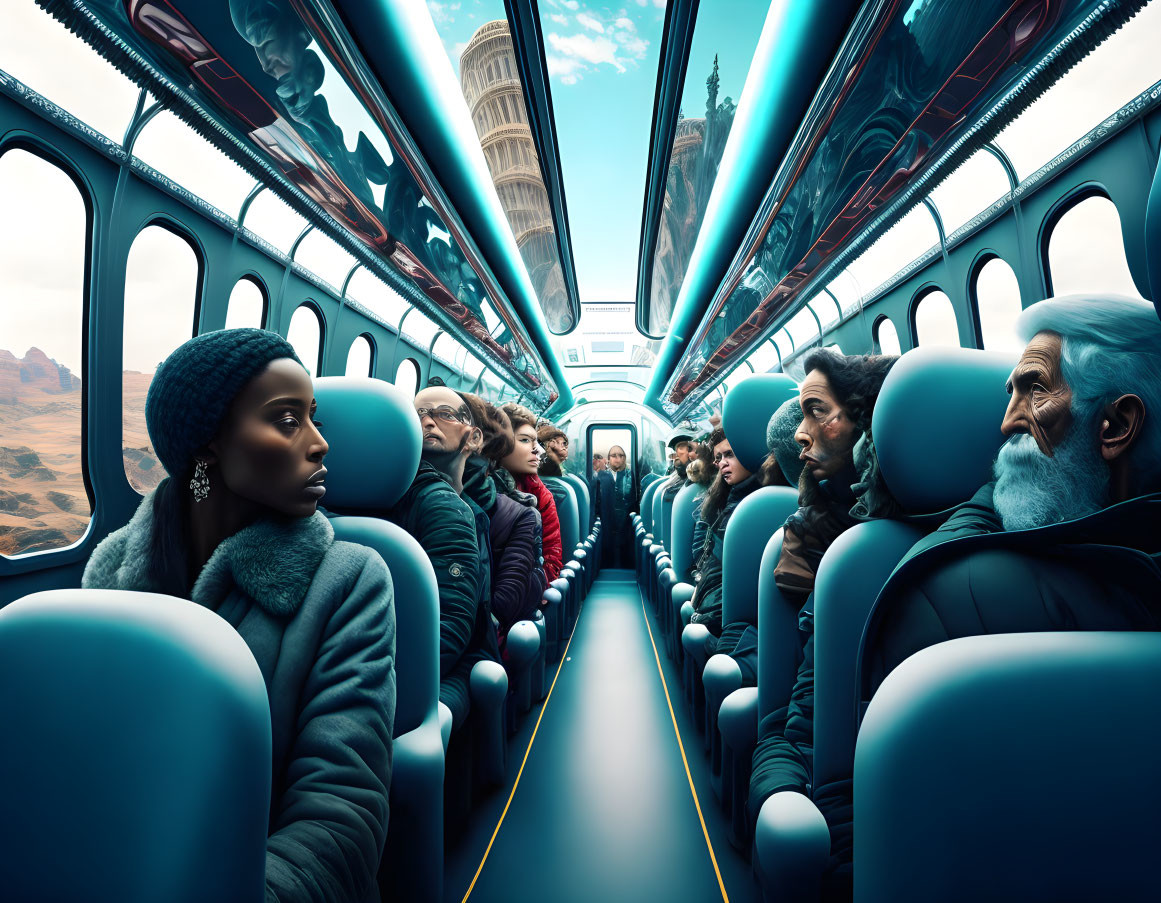 Futuristic train interior with world landmarks visible through large windows