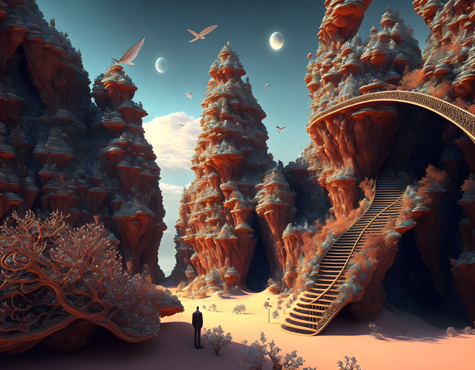 Fantastical landscape with red rock formations, bridge, stairs, multiple moons, birds, and solitary