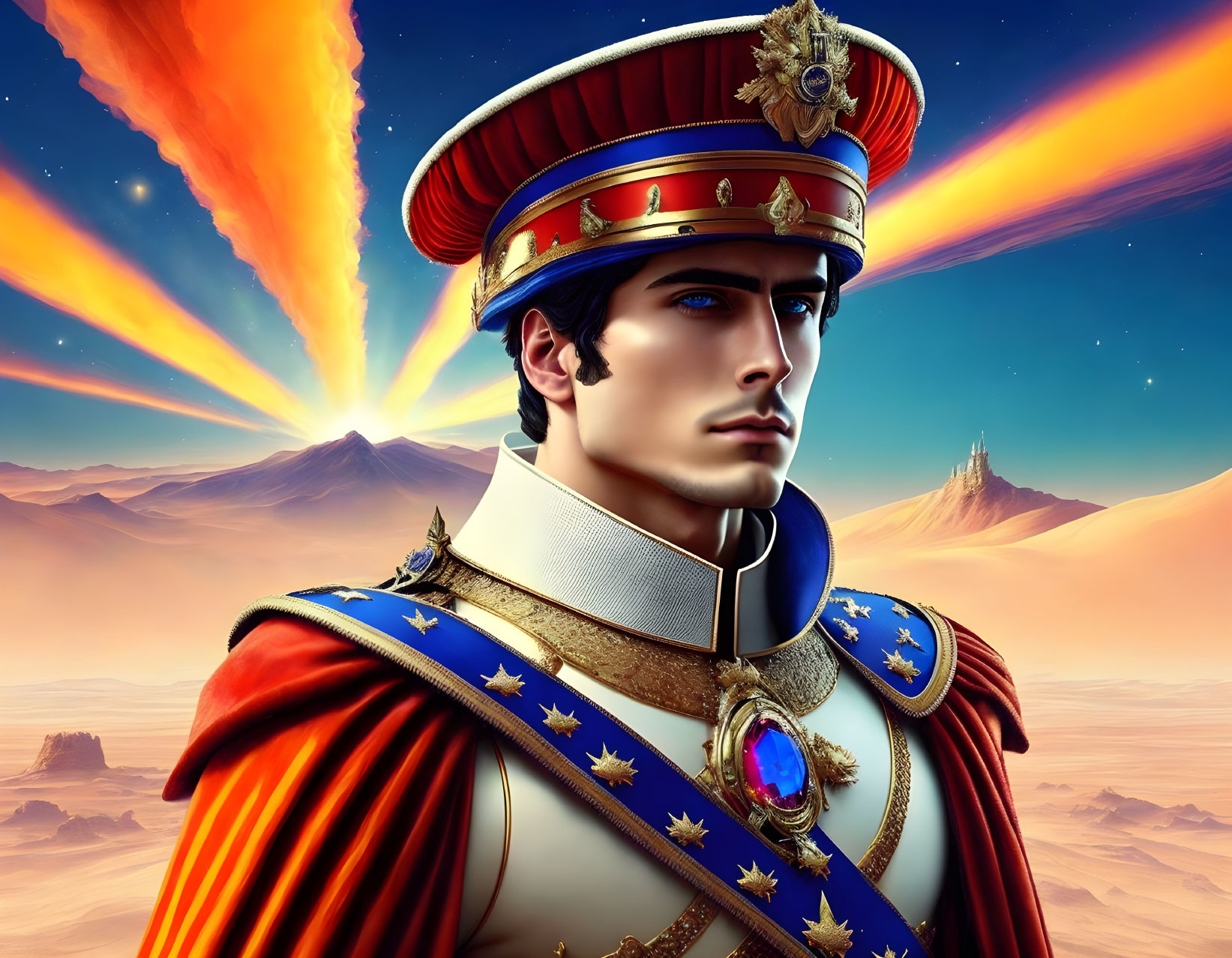 Regal man in elaborate uniform with comets and mountains.