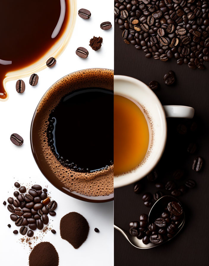 Coffee Collage: Top View of Cup, Beans, Ground Coffee, and Spoon