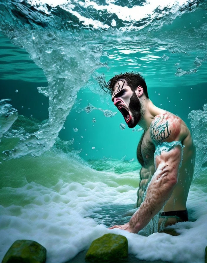 Man with skull face paint screaming underwater surrounded by bubbles and rocks