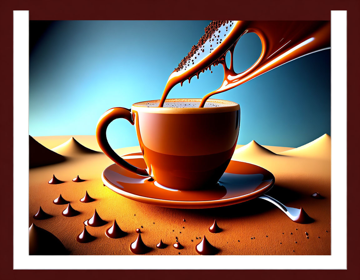 Surreal coffee cup illustration with liquid splash on droplet hills backdrop