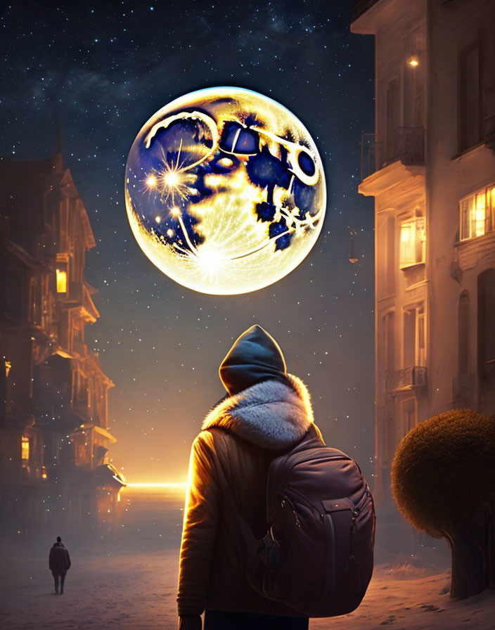 Person in Winter Jacket Observing Surreal Moon Over Snowy Street