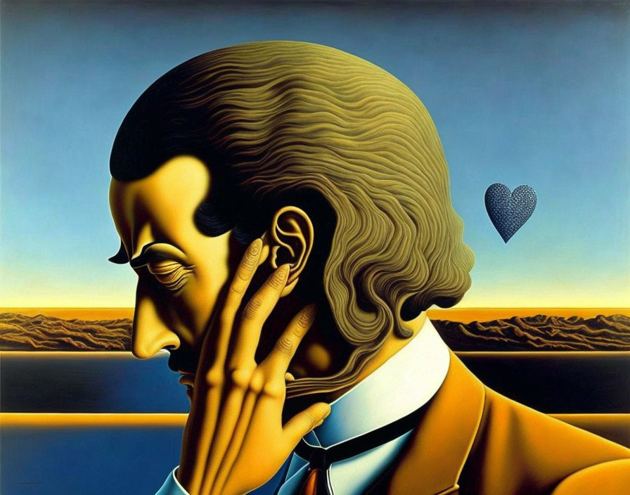 Surrealist side profile portrait with exaggerated features against desert landscape