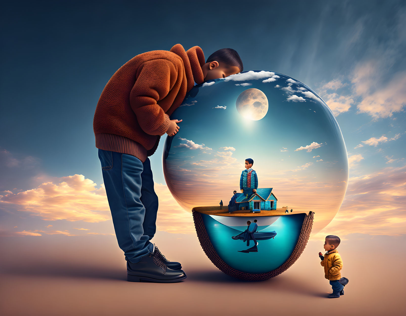 Giant boy gazes at smaller boy in surreal bubble world with house, whale, and moon