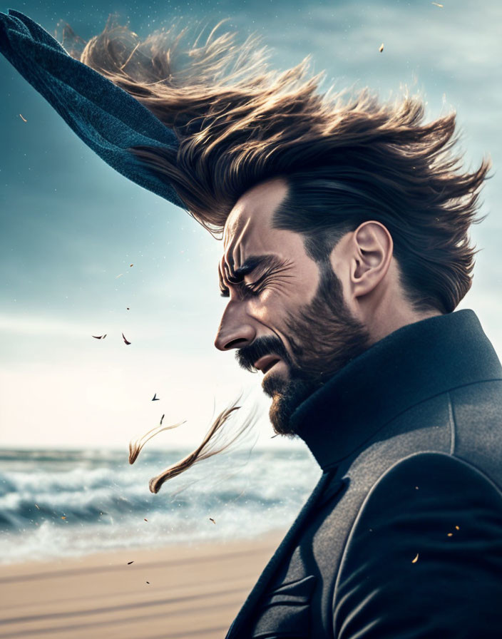 Dramatic image of man with beard and swept-back hair in the wind