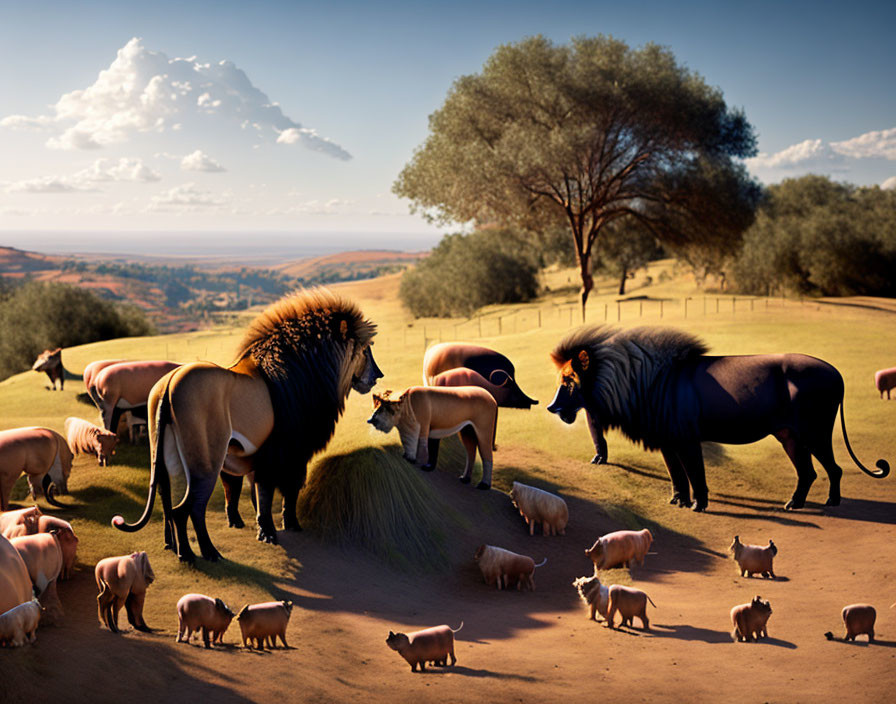 Animated animals in serene savannah with majestic lion and diverse wildlife under warm sunlight