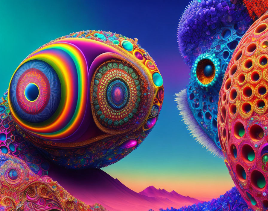 Colorful psychedelic digital art with intricate patterns against mountainous backdrop