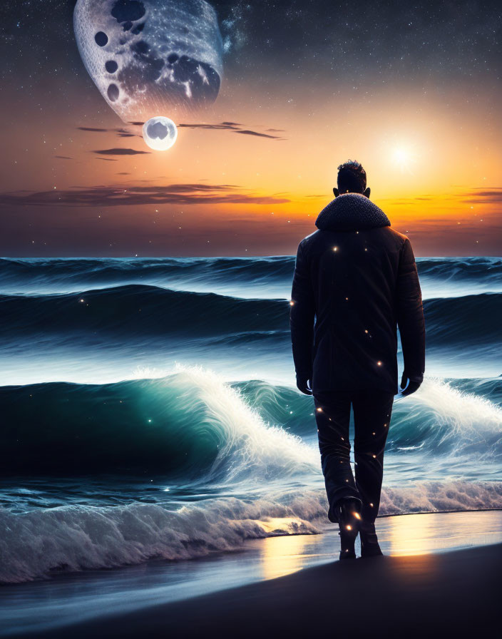 Person on shore at twilight gazes at large moon over turbulent waves under starry sky