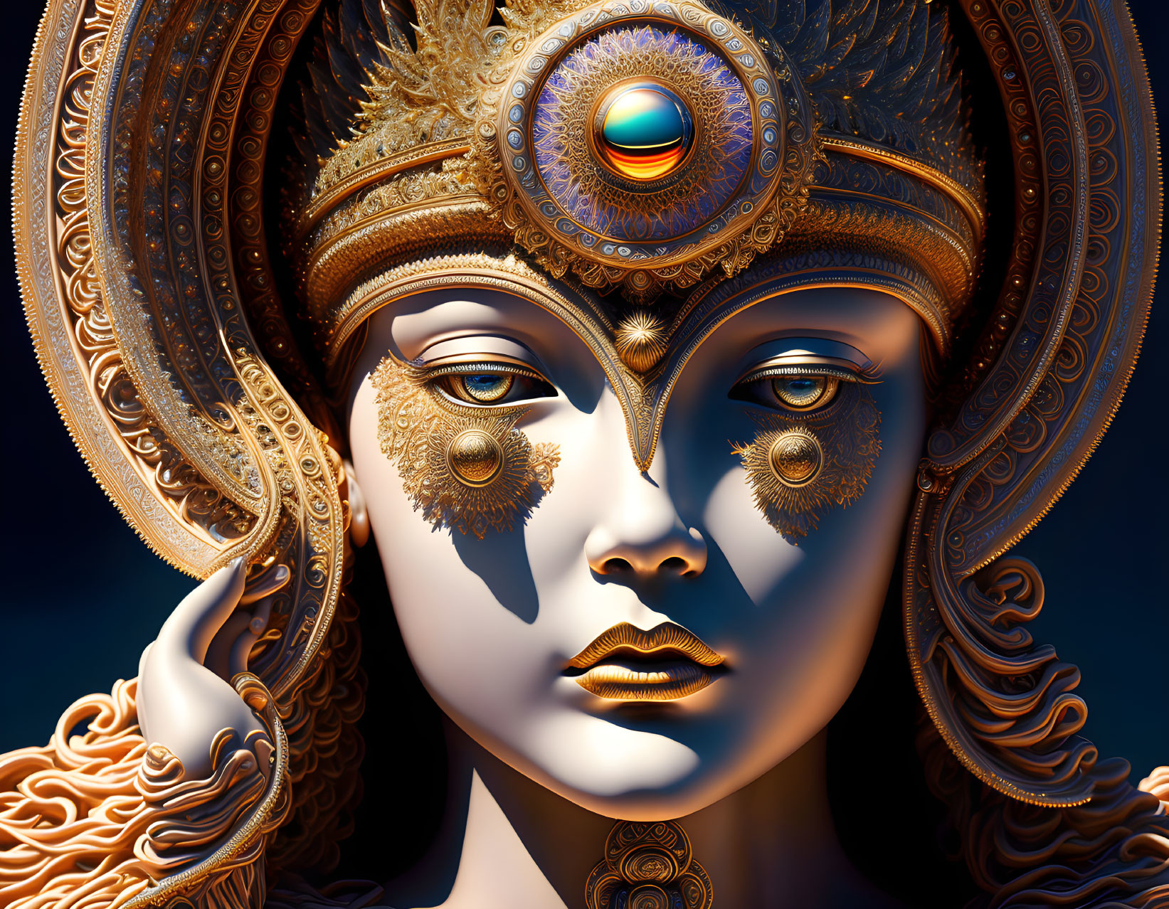 Intricate metallic female figure with golden headgear and blue skin