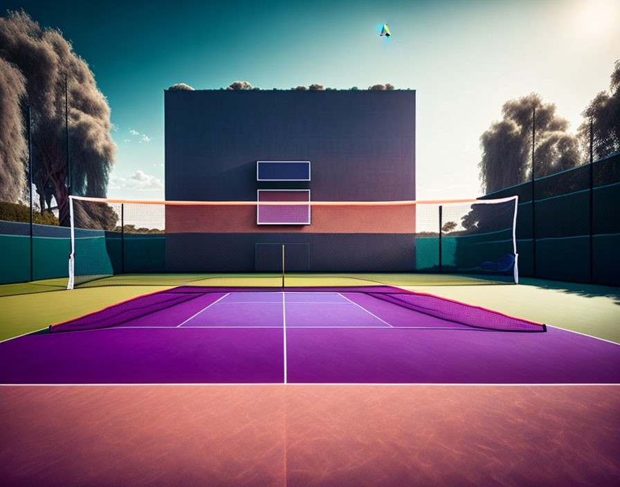 Colorful Tennis Court Surrounded by Trees and Kite