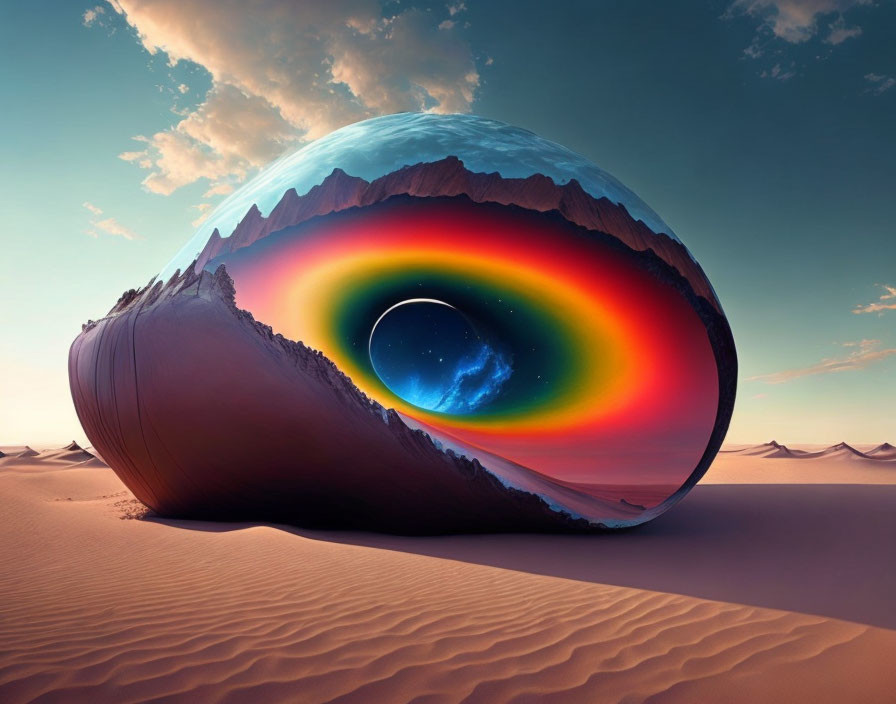 Surreal landscape featuring giant shell with rainbow spectrum in desert