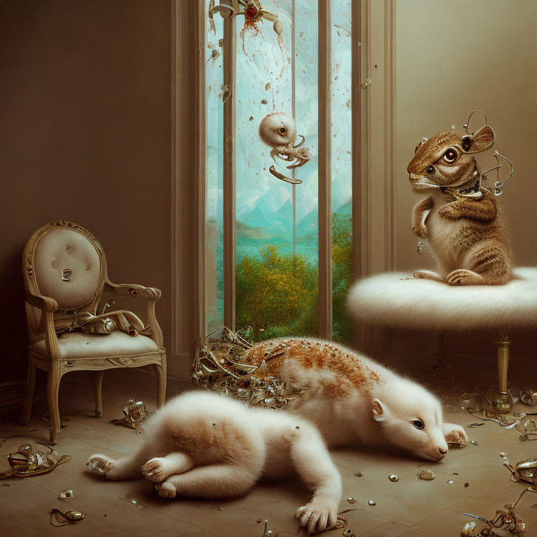 Surreal Artwork: Room with Fantastical Creatures, Mechanical Parts, Classic Chair, and