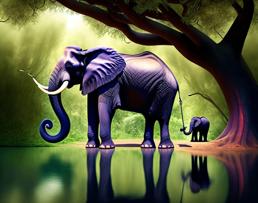 Two elephants in vibrant fantasy forest by water's edge