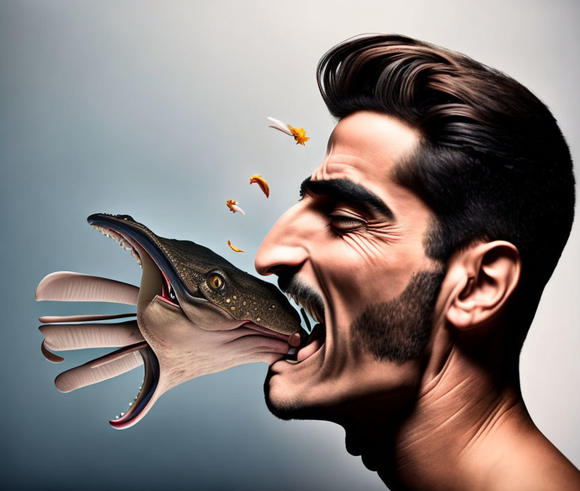 Surreal image: man with exaggerated smile and fish transformation