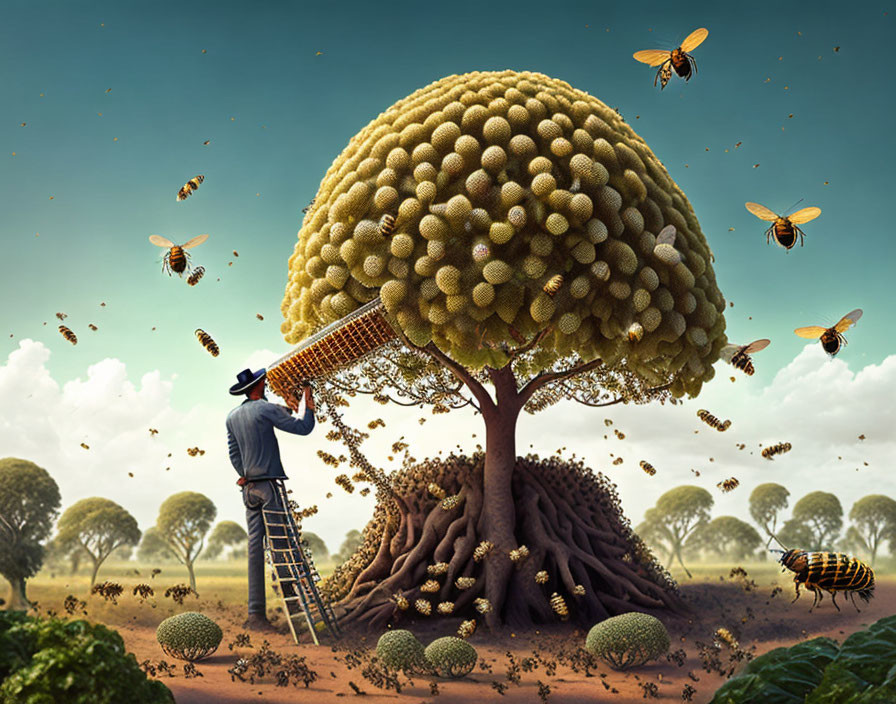 Person harvesting from oversized dandelion tree in surreal landscape