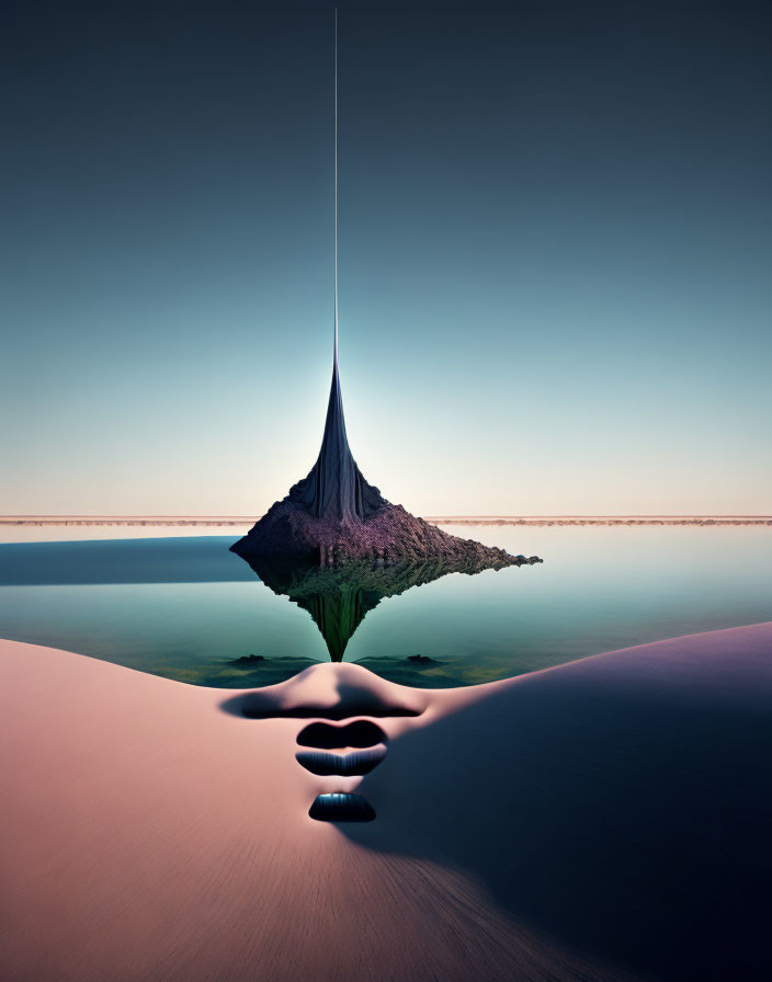 Pointed rock formation reflected in water on hand-shaped island in surreal landscape