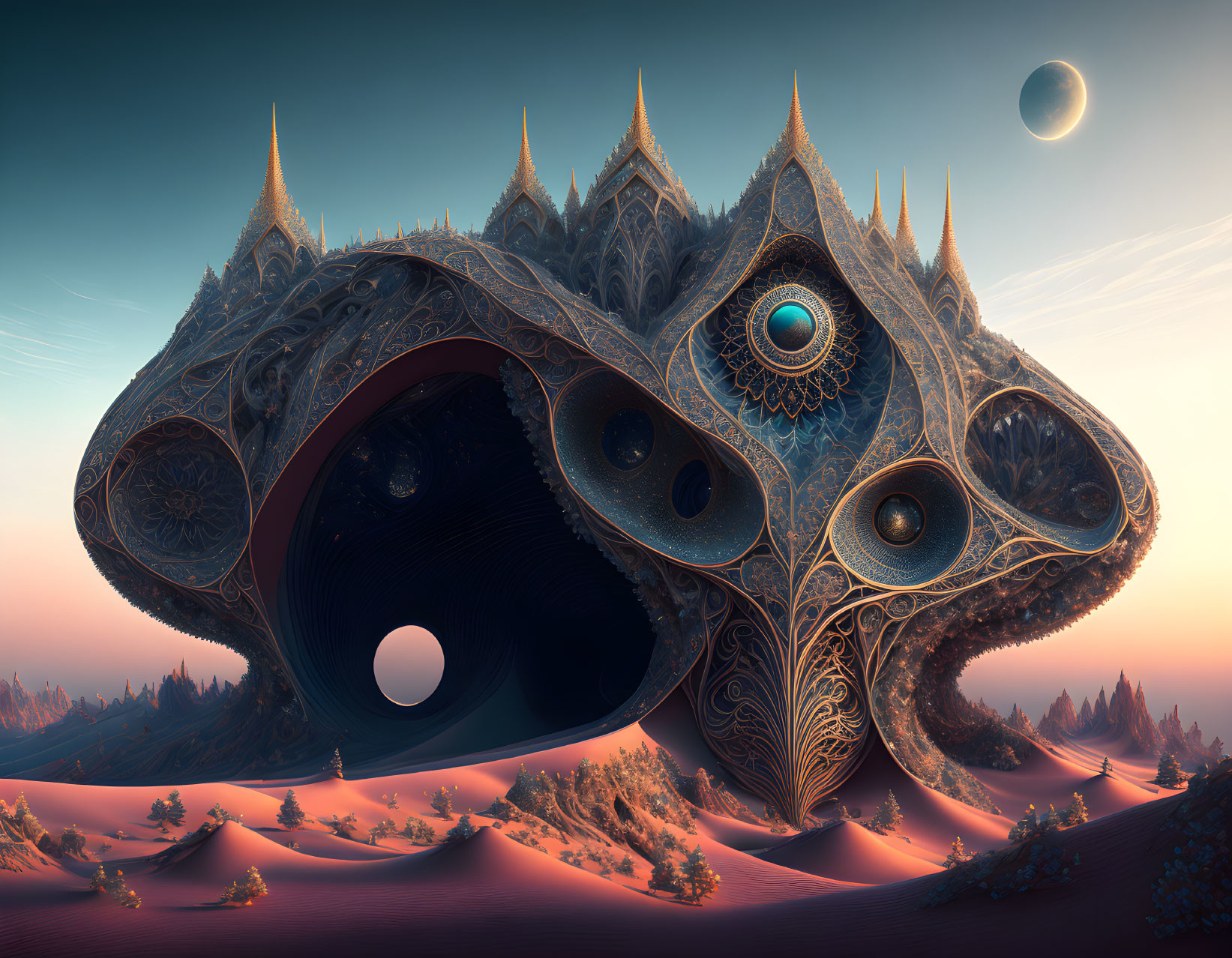 Surreal fractal landscape with alien structure in desert under planet and moon