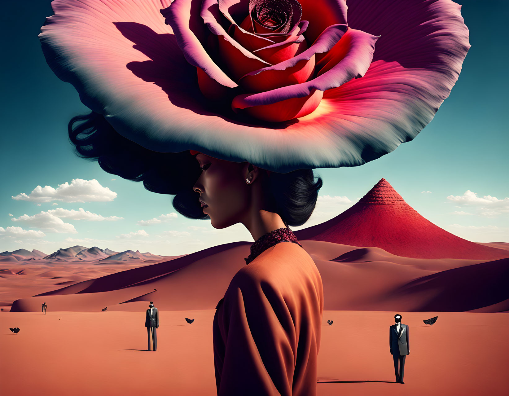 Surreal desert landscape with woman and blooming rose head